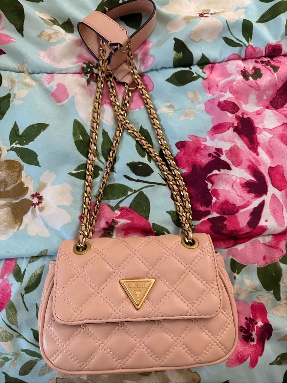 GUESS Pale Pink Quilted Chain Crossbody Bag